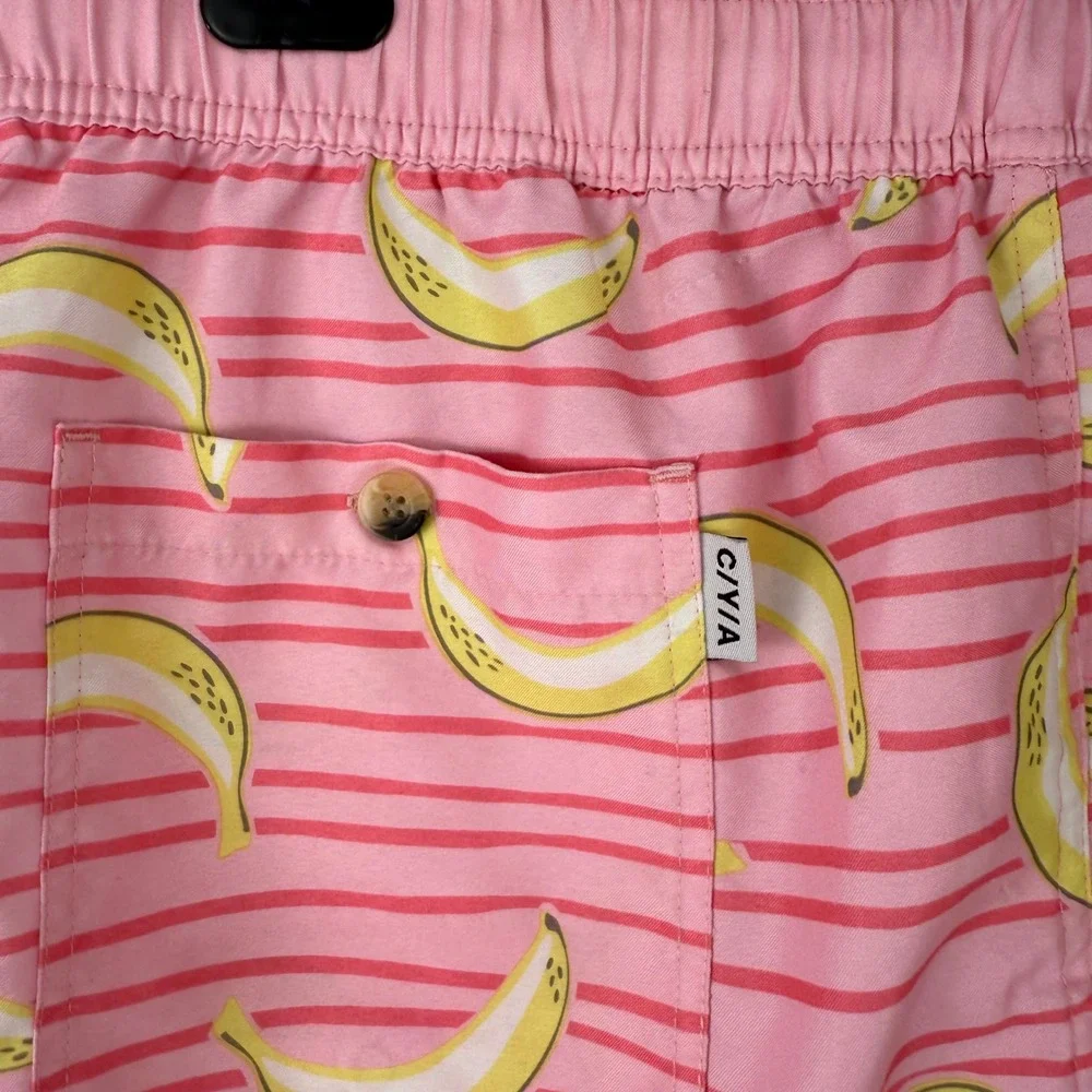 C/Y/A Mens Banana Print Swim Trunks Pink Striped Board Shorts VR192781 Large‎
